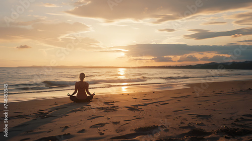 Mulher jovem praticando ioga ao nascer do sol na praia com foco na tranquilidade captada com lente teleobjetiva