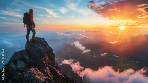 A hiker with a backpack standing on a ridge, overlooking a dramatic mountain landscape at sunset.