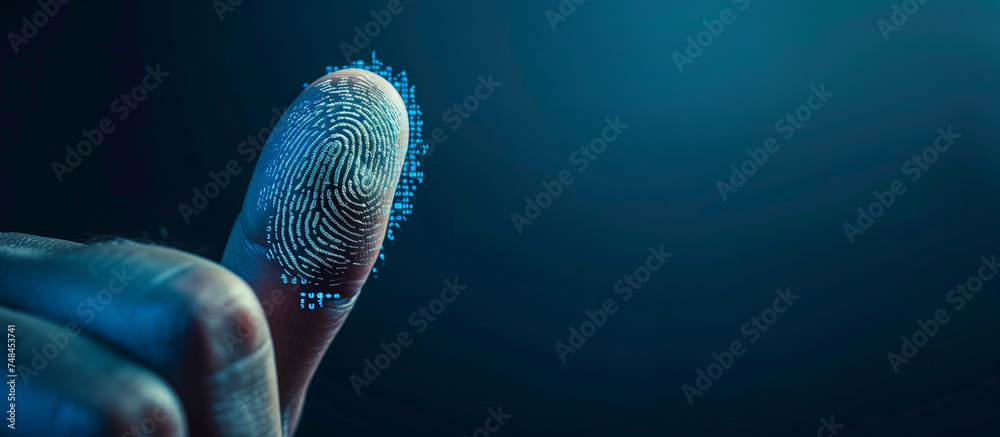 Close-up of a finger with a glowing digital fingerprint overlay, symbolizing biometric security and technology. - obrazy, fototapety, plakaty 