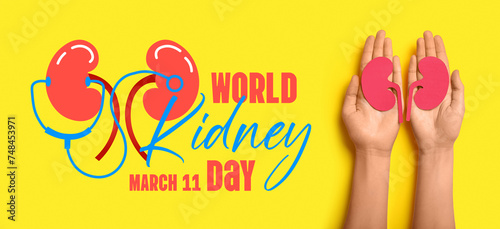 Woman with paper kidneys on yellow background