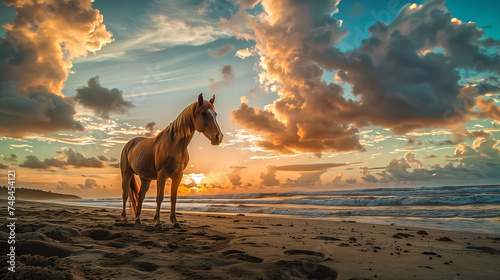 A brown horse standing on top of a sandy beach under a cloudy bl