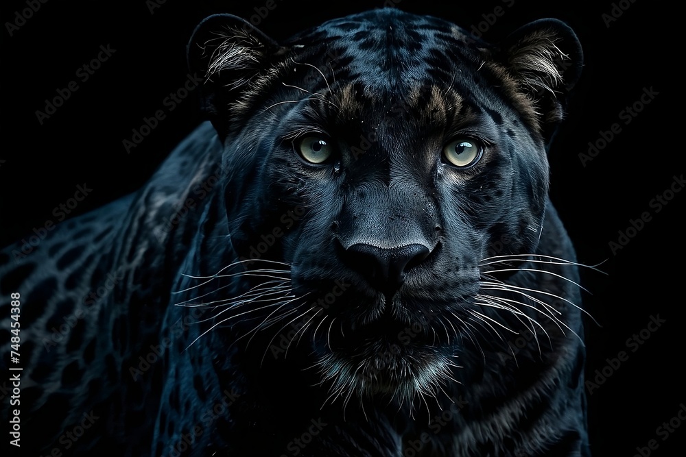 A majestic panther stands tall against a pitch black background, its piercing gaze captivating all who lay eyes upon it. 