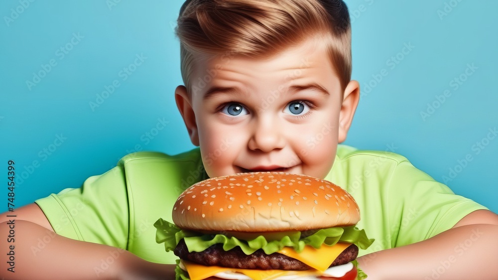 Pretty young curly boy in casual clothes on blue studio background eating burger. Caucasian male hungry preschooler with bright facial emotions. Childhood, fast food. Pretty young curly boy in casual clothes on blue studio background eating burger. Caucasian male hungry preschooler with bright facial emotions. Childhood, fast food.
