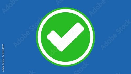 Animation of green check mark icon on circle frame isolated on blue screen background
