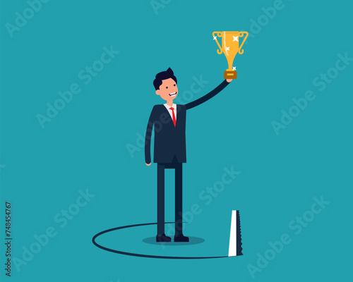 Leader holding award with competitor sawing floor underneath
