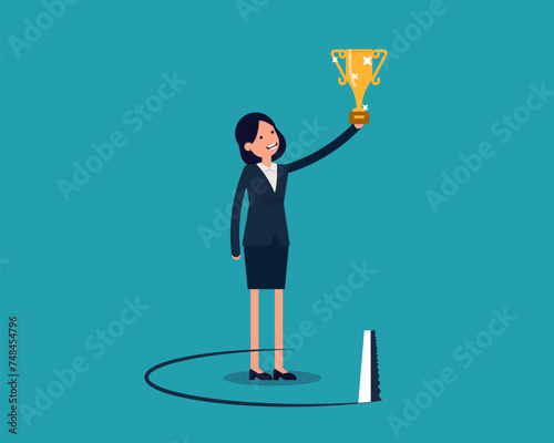 Leader holding award with competitor sawing floor underneath
