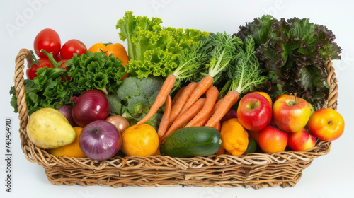 The vibrant colors of a variety of fruits and vegetables in a basket freshly picked and ready to be enjoyed. The different textures shapes and sizes represent the diversity