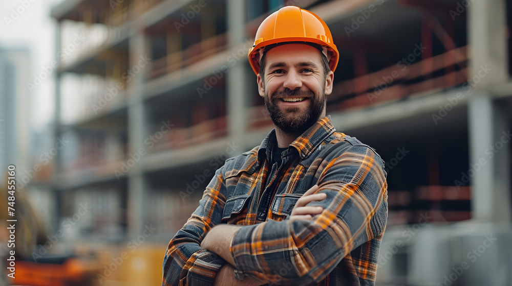 Builder smiling, construction site, positive worker, hard hat Builder smiling, construction site, positive worker, hard hat