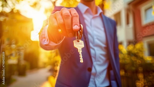 Real estate agent handing home key outdoors in sunlight. House or apartment purchase, rent photo