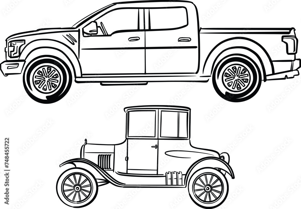 Fototapeta premium illustration of an off-road car and old fashion car