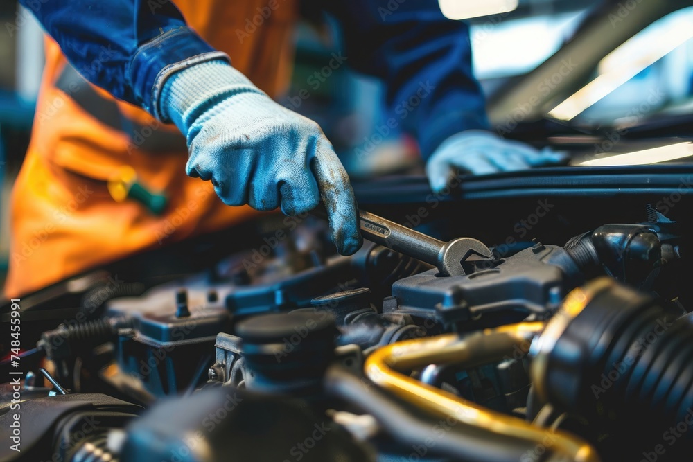 Close-up of a mechanic's hands repairing a car engine, depicting expertise in vehicle maintenance Close-up of a mechanic's hands repairing a car engine, depicting expertise in vehicle maintenance
