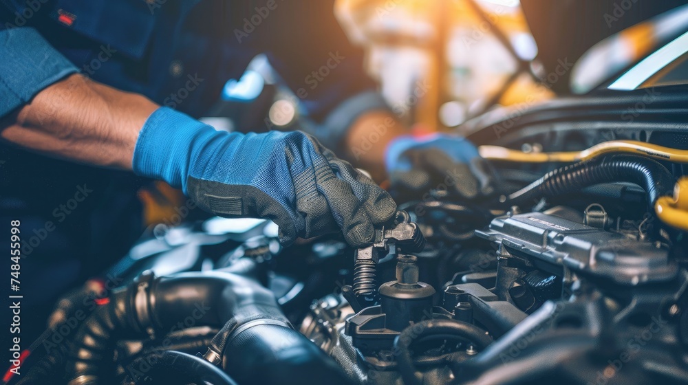 Close-up of a mechanic's hands repairing a car engine, depicting expertise in vehicle maintenance Close-up of a mechanic's hands repairing a car engine, depicting expertise in vehicle maintenance