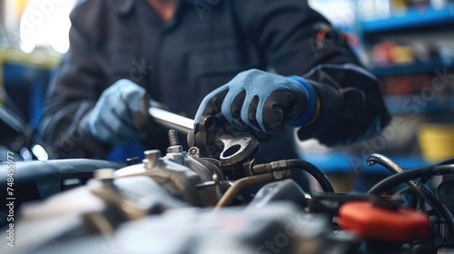 Close-up of a mechanic's hands repairing a car engine, depicting expertise in vehicle maintenance