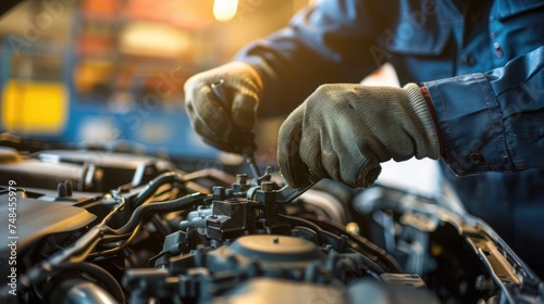 Close-up of a mechanic's hands repairing a car engine, depicting expertise in vehicle maintenance © ttonaorh