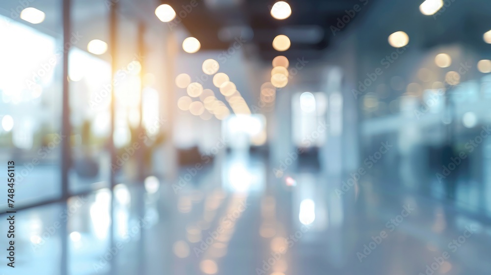 Abstract blurred image of a modern office corridor illuminated by bright ceiling lights, conveying work atmosphere