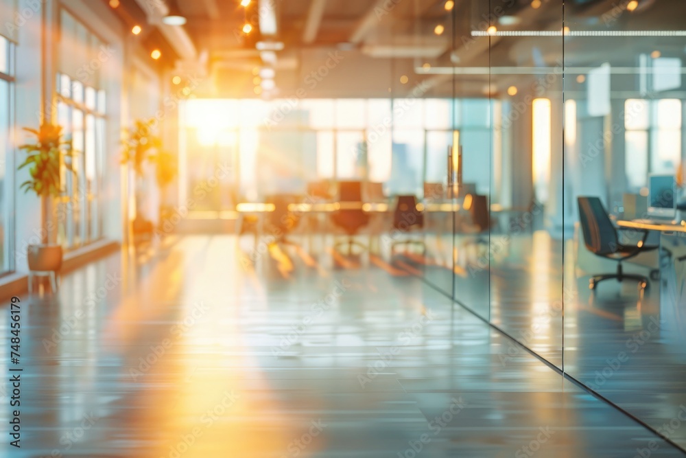 Abstract blurred image of a modern office corridor illuminated by bright ceiling lights, conveying work atmosphere