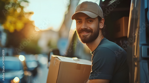 Delivery man standing in his van, shipping and parcel package, courier and delivery truck concept, mover photo