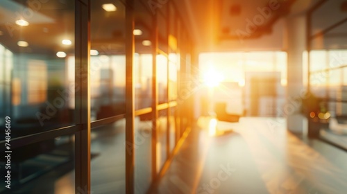 Abstract blurred image of a modern office corridor illuminated by bright ceiling lights  conveying work atmosphere