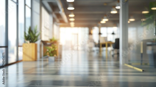 Abstract blurred image of a modern office corridor illuminated by bright ceiling lights  conveying work atmosphere