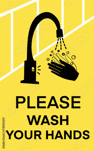 Please wash your hands sign, silhouette automatic faucet on yellow background, Illustration vector design