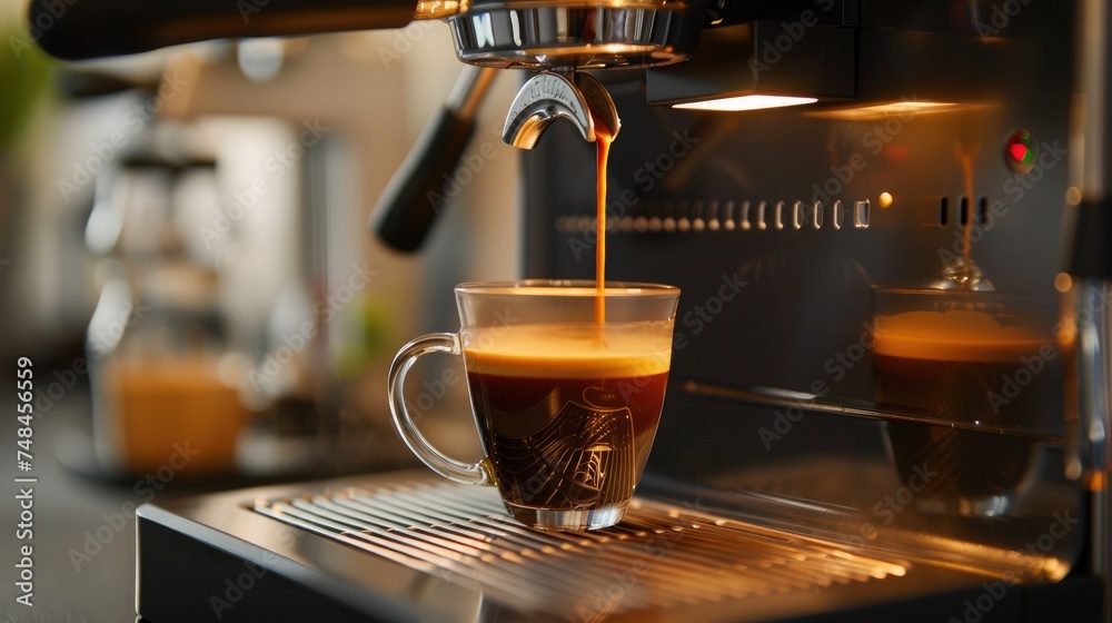 Close-up of an espresso machine brewing a hot, fresh cup of coffee, capturing the perfect morning start - obrazy, fototapety, plakaty 
