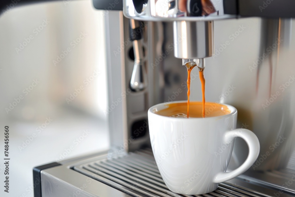 Close-up of an espresso machine brewing a hot, fresh cup of coffee, capturing the perfect morning start Close-up of an espresso machine brewing a hot, fresh cup of coffee, capturing the perfect morning start