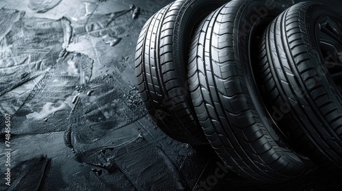A set of new car tires arranged neatly on a textured black background, highlighting tread patterns and rubber quality © ttonaorh
