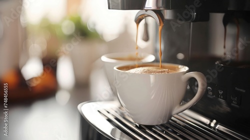 Close-up of an espresso machine brewing a hot, fresh cup of coffee, capturing the perfect morning start