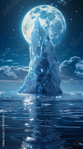 A towering iceberg made of shimmering crystal floating serenely across an endless ocean under the watchful gaze of the moon photo