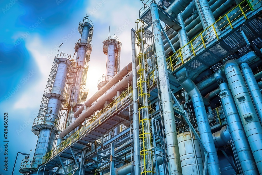 Fototapeta premium The intricate metalwork of piping and distillation columns at an oil refinery, showcasing industrial efficiency and engineering
