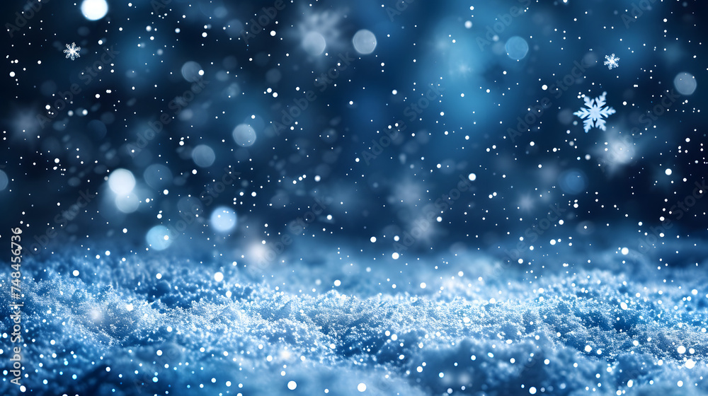 Obraz premium Falling snowflakes on night sky white background. Bokeh with white snow and snowflakes on a blue background