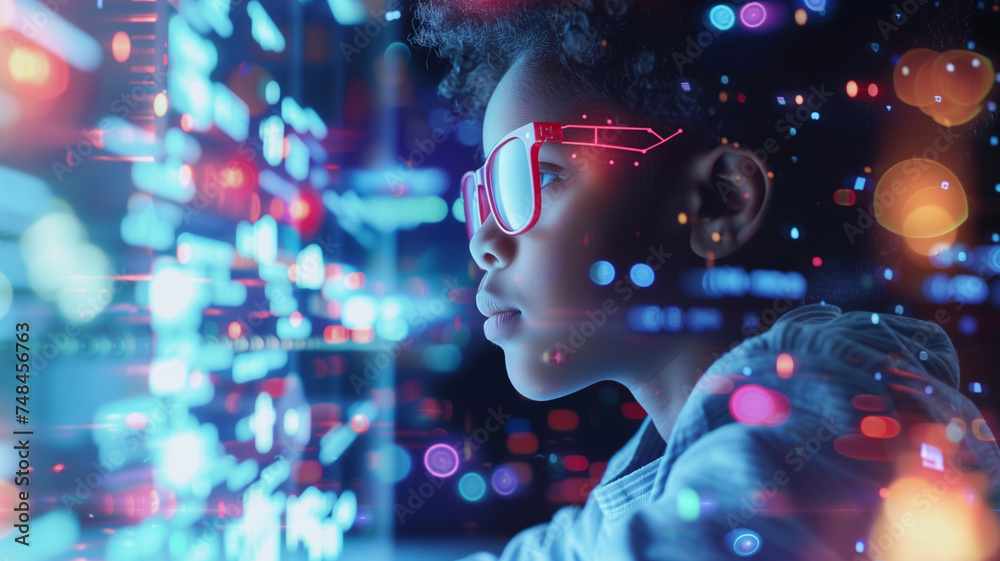 A young child immersed in a vibrant digital world, showcasing a fascination with modern technology and the future of innovation. A young child immersed in a vibrant digital world, showcasing a fascination with modern technology and the future of innovation.