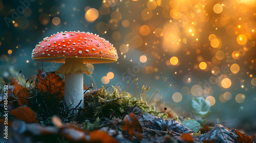 Fantasy enchanted fairy tale forest with magical Mushrooms. Beautiful macro shot of magic mushroom, fungus. Magic light
