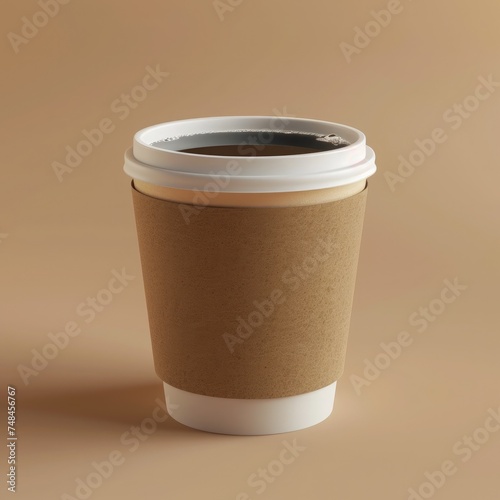 Takeaway paper coffee cup filled with black coffee, casting a soft shadow on a beige surface with natural light
