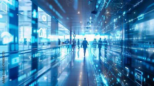 Business professionals walk through a sleek corporate corridor adorned with futuristic digital interfaces, symbolizing the intersection of modern business and advanced technology.