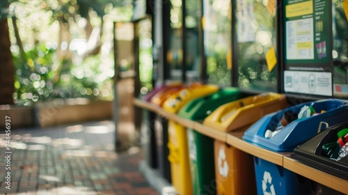 A set of recycling and composting bins at a campus dining hall accompanied by informational posters encouraging students to properly dispose of waste for a greener future.