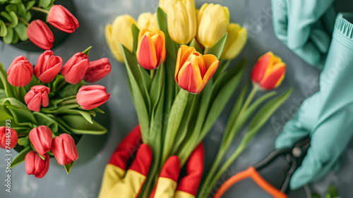  Freshly cut tulips in vibrant reds and yellows being arranged, a sign of spring and the joy of floral gardening. photo