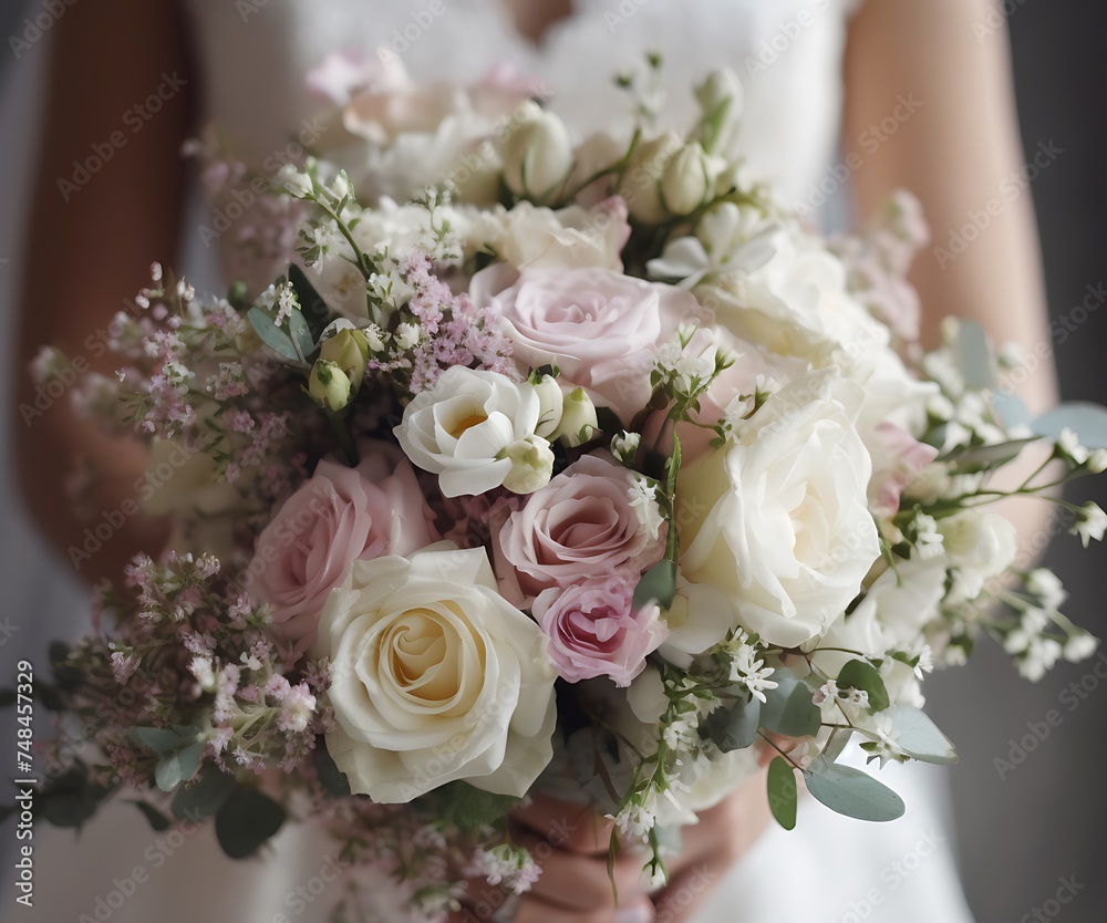Close up of a bridal bouquet. Background is blurred bride in a wedding dress. Close up of a bridal bouquet. Background is blurred bride in a wedding dress.
