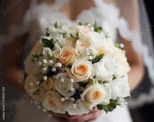 A beautiful close-up of the bridal bouquet. Background is blurred bride in a wedding dress.