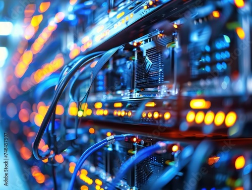 High-Speed Network Servers in Data Center, Close-up of illuminated servers and ethernet cables in a modern data center, symbolizing high-speed data transfer and advanced technology.