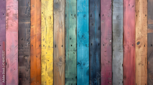 Grungy colorful wood strips. Wooden wall or floor of color full wood planks. Colorful spectrum of wood background