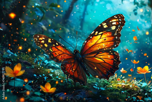 Butterfly in a colorful and illuminated forest