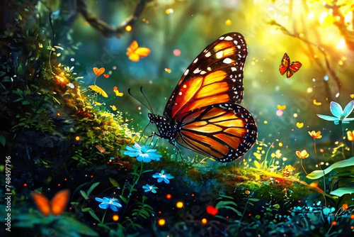 Butterfly in a colorful and illuminated forest