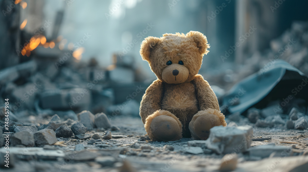 kids teddy bear toy over city burned destruction of an aftermath war conflict, earthquake or fire and smoke of world war against children peace innocence as copyspace banner kids teddy bear toy over city burned destruction of an aftermath war conflict, earthquake or fire and smoke of world war against children peace innocence as copyspace banner