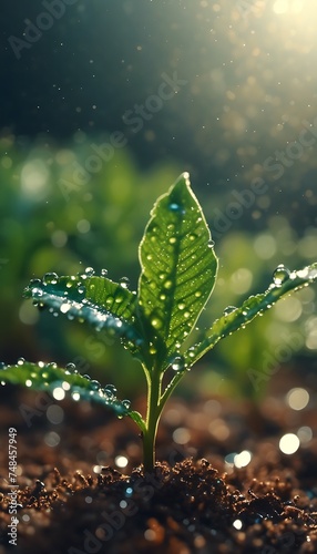 young plant with water drops background, earth day