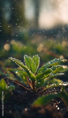 young plant with water drops background  earth day