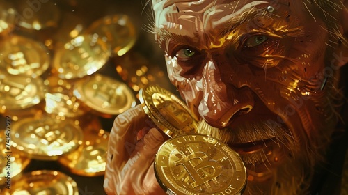 Close up of a greedy man hoarding Bitcoin a visual metaphor for modern avarice photo
