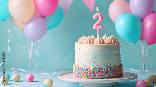 number 2 candle on a second year birthday or anniversary cake celebration with balloons and party decoration as banner with copy space area