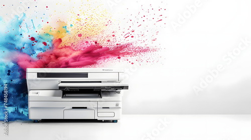 office or professional photocopier or printer with color splashes for high quality printing services as wide banner with copy space area