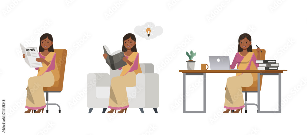 Set of businesswoman wear purple color shirt character vector design. Indian people working in office planning, thinking and economic analysis. Presentation in various action.